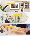 Gallery wall with frames, person hanging wall art, and furniture assembly with premium hardware nails and wood screws kit