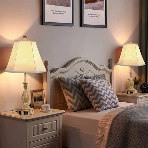 Two Cozy Farmhouse Style Table Lamps With Touch Control And 3 Way Dimming on nightstands in a bedroom, beige fabric shades visible.