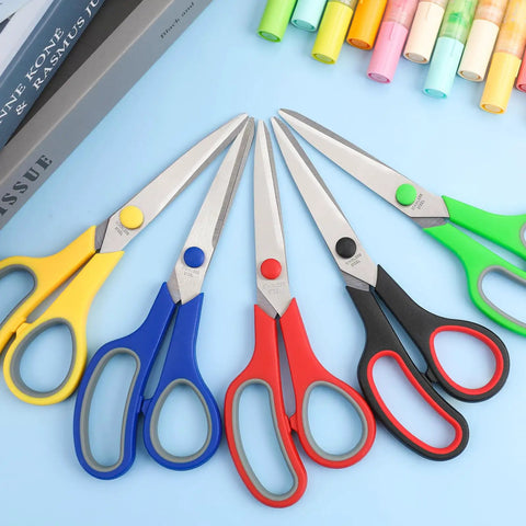 24 Pack Bulk 8 Inch All Purpose Heavy Duty Scissors Workhorse For Office School And Home with colorful handles on blue background