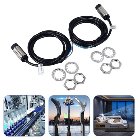 Two Pack 8mm Proximity Switch Sensor, 2 Wire Normally Open, for Industrial Automation, showing sensors with cables and mounting hardware.