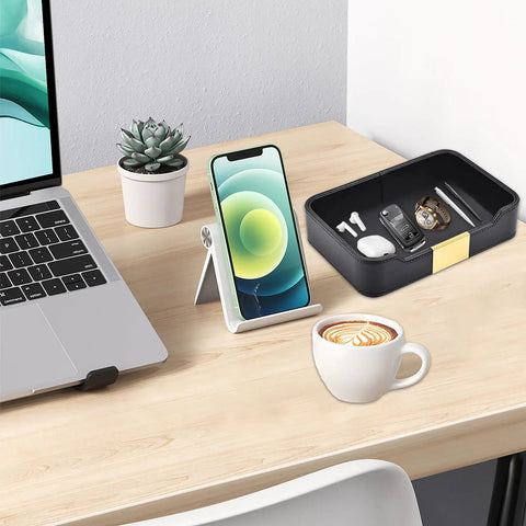 Leather Tray Desk Organizer For Jewelry Watches Keys And Small Essentials Must Have Luxury Nightstand And Entryway Storage Tray In Black
