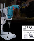 Universal Drill Press Adapter For Hand Tools, Adjustable Benchtop Conversion Stand with aluminum base and power drill attachment.