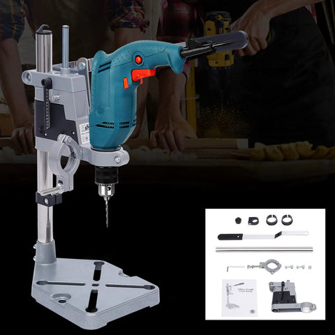 Universal Drill Press Adapter For Hand Tools, Adjustable Benchtop Conversion Stand with aluminum base and power drill attachment.