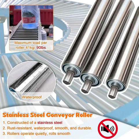Heavy Duty Pack Of 5 Conveyor Rollers Made From Durable Stainless Steel For Industrial Use, showing three stainless steel rollers.