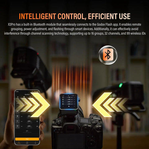 X3 Pro C 2026 TTL Flash Trigger For Canon, 2.4GHz Wireless Transmitter with LCD showing connected Bluetooth app control