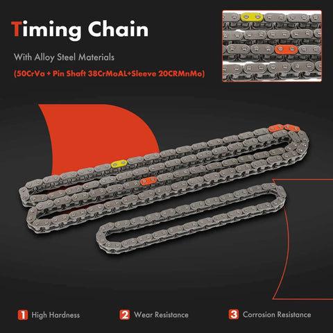 Go-To Engine Timing Chain Kit With Sprocket And Tensioner And Guide For Toyota Corolla Matrix Prius Prius AWD Plug In CT200h Vibe Xd L4 1.8L Replacement showing alloy steel timing chain with highlighted links.