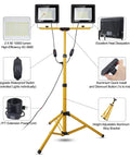 Ultra Bright 10000 Lumen Dual Head LED Work Light With 14 Ft Power Cord 6000K Daylight White IP66 Waterproof on adjustable tripod