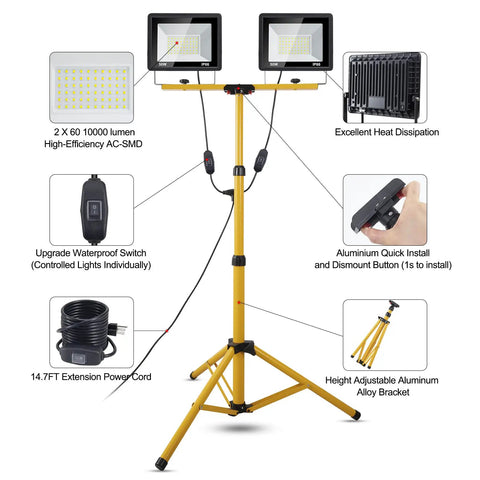 Ultra Bright 10000 Lumen Dual Head LED Work Light With 14 Ft Power Cord 6000K Daylight White IP66 Waterproof on adjustable tripod