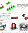 Magnetism And Electricity STEM Kit For Kids 70 Piece Set Hands On Physics Experiments With Magnets Wires Compasses And Circuits Educational Science Toys That Make Learning Real Fun And Totally Engaging showing magnetic trolley and magnet powder patterns