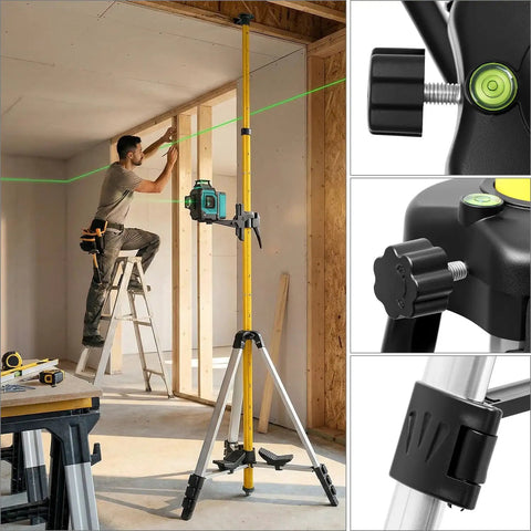 Laser Level Pole Kit For Pros With A Twelve Foot Adjustable Telescoping Pole And Tripod Mounts shown in use on a construction site.