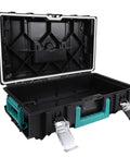 Heavy Duty Stackable Toolbox With Metal Clip And Easy Grip Top Handle For Modular Workshop Rig and clutter free job site storage, open view.