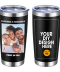 Custom 20oz Personalized Stainless Steel Coffee Tumbler With High Def Photo And Text Artwork, showcasing personal designs.