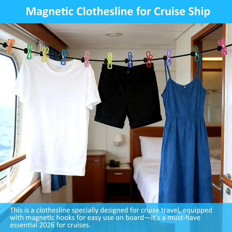Must Have Camping Clothesline With Magnetic Hooks And 12 Colorful Clips for cruise ship cabin drying
