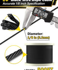 1/8 Black Stainless Steel Cable 500 ft Heavy Duty 7x7 Core for DIY Deck Railing Indoor Outdoor Use Rust Resistant Marine Grade Wire Rope shown with caliper measuring diameter and coil length