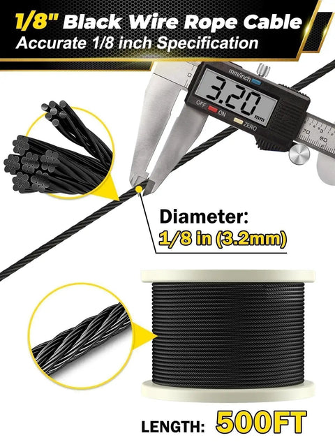 1/8 Black Stainless Steel Cable 500 ft Heavy Duty 7x7 Core for DIY Deck Railing Indoor Outdoor Use Rust Resistant Marine Grade Wire Rope shown with caliper measuring diameter and coil length