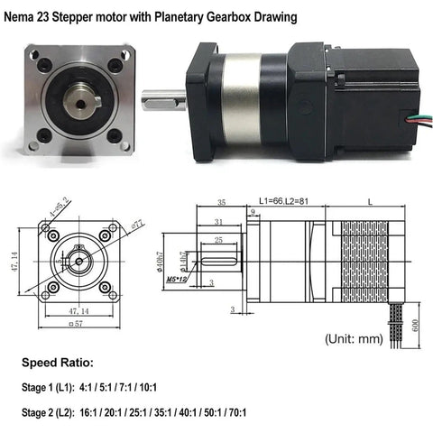 Nema 23 Planetary Reducer Gearbox Kit For Stepper Motor 1.2-3Nm Torque Step Down Speed Control 4 To 1 Ratio components dimensions and diagram