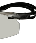 Close-up view of SecureFit 500 Series Safety Glasses with adjustable ratchet temples and gray lens, black frame, ANSI Z87 rated