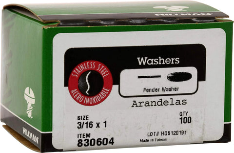 Fender washers, stainless steel, 3/16 in x 1 in, Hillman, pack of 100