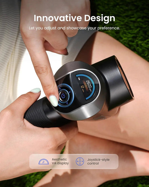 Close-up of Professional Deep Tissue Percussion Massage Gun With Adjustable Amplitude From Six To Twelve Millimeters showing display