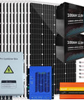 Plug And Play Off Grid Solar Panel Kit With Twelve Beefy Modules Heavy Duty Inverter Smart Charge Controller And Pair Hundred Amp Hour Batteries for van life, showing panels, batteries, inverter, and combiner box.