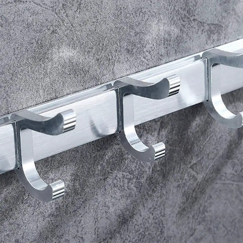 Super Sturdy Wall Mounted Coat Hooks Space Saving Aluminum Entryway Key Holder Rack Nordic Silver Finish, five hooks close-up view.