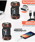 Rechargeable Camping Lantern With 1500 Lumen Output And 8 Lighting Modes, showing charging via USB and 4800mAh capacity