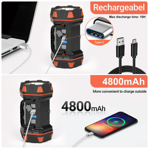 Rechargeable Camping Lantern With 1500 Lumen Output And 8 Lighting Modes, showing charging via USB and 4800mAh capacity