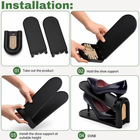 Installation steps for 12 Pack Adjustable Shoe Slot Organizers; showing double layer setup for heels in sleek black woven finish.