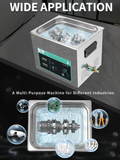 10 Gallon Heavy Duty Workhorse Ultrasonic Cleaner With Adjustable Heat And Sweep Feature cleaning engine parts and jewelry in stainless steel tank.