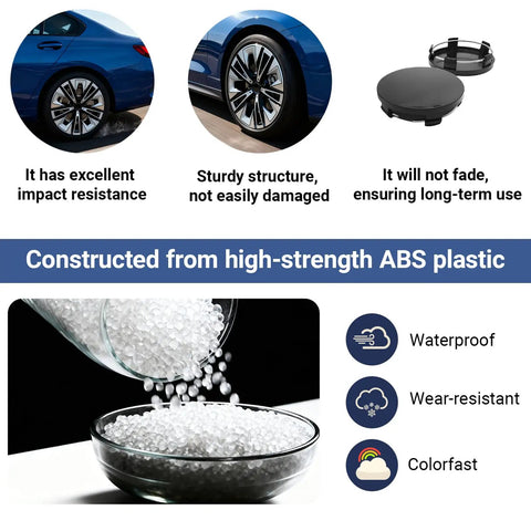 4 Pack Car Wheel Hub Center Cap Set 60mm Outer Diameter 56mm Inner Diameter 0.57 Inch Thick Universal ABS Snap In Anti Fall Rust Proof Decoration for SUV Sedan Truck with various features shown