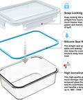 Illustration of 18 Piece Glass Food Storage Set with Lids BPA Free and Leak Proof featuring a snap locking lid, silicone seal, and borosilicate glass