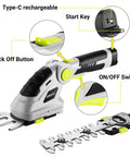 Lightweight Cordless Grass Shear That Handles Like A Charm And Cuts Thick Shrubs Like Butter While Working Hard As A Smooth Hedge Trimmer With A Flip Pivot Head Plus An 8V Power Pack And Cable For Zero Hassle Yard Chores showing Type-C charging and ON/OFF switch.