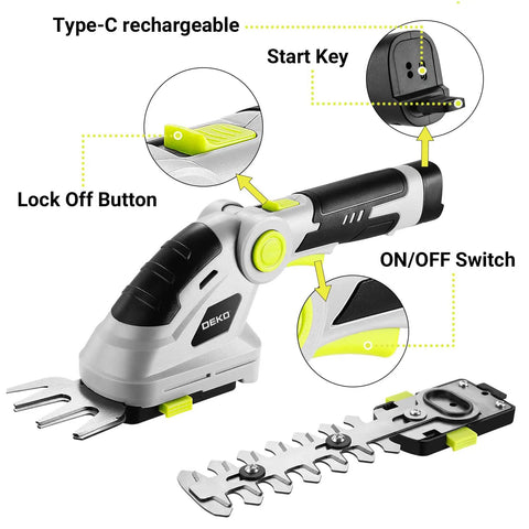 Lightweight Cordless Grass Shear That Handles Like A Charm And Cuts Thick Shrubs Like Butter While Working Hard As A Smooth Hedge Trimmer With A Flip Pivot Head Plus An 8V Power Pack And Cable For Zero Hassle Yard Chores showing Type-C charging and ON/OFF switch.