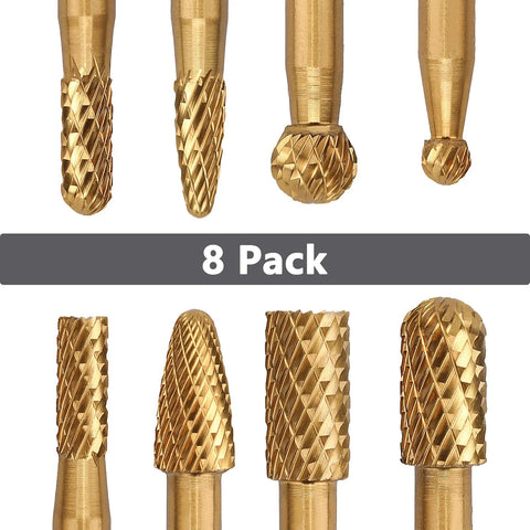 8-pack carbide burr set: double-cut tungsten carbide burrs in 1/4 and 3/8 diameter with 1/4 hex shanks