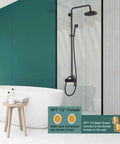 Matte Black Exposed Pipe Shower System With 8 Inch Rain Shower Head And Brass Fixture next to white bathtub in modern bathroom