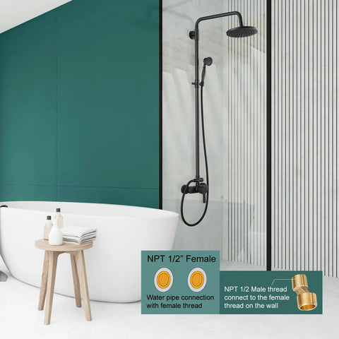 Matte Black Exposed Pipe Shower System With 8 Inch Rain Shower Head And Brass Fixture next to white bathtub in modern bathroom