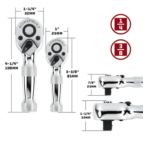 Two Piece Stubby Ratchet Set With Quarter Inch And Three Eighth Inch Drives Quick Release Reversible 72 Tooth For Tight Spaces