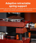 Keep Your Shot Prep Crisp With This Solid Tiered Espresso Tamper Station And Knock Box Organizer Universal 51 To 58 Millimeter Portafilter Holder Natural Wood Coffee Bar Organizer Setup showing adjustable spring support for espresso tamping.