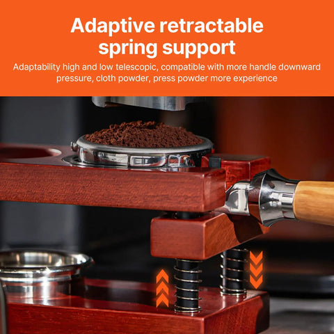Keep Your Shot Prep Crisp With This Solid Tiered Espresso Tamper Station And Knock Box Organizer Universal 51 To 58 Millimeter Portafilter Holder Natural Wood Coffee Bar Organizer Setup showing adjustable spring support for espresso tamping.