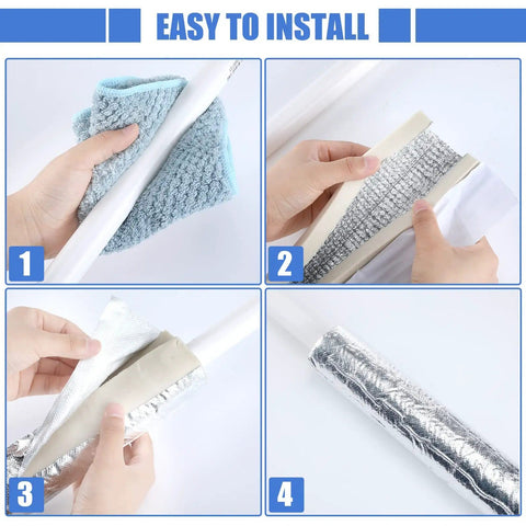 Installation steps for Six Pack Pipe Insulation Foam Tubes With Self Adhesive Wrap, Aluminum Foil Duct Shield shown in four panels.