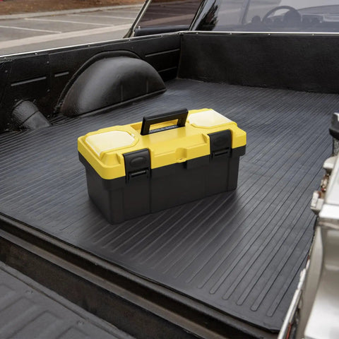 16 Inch Plastic Toolbox With Handle Portable Toolbox With Removable Tray And Lockable Design Built Tough For Home Workshop Or Garage With Small Parts Box In Black And Yellow, placed on a truck bed