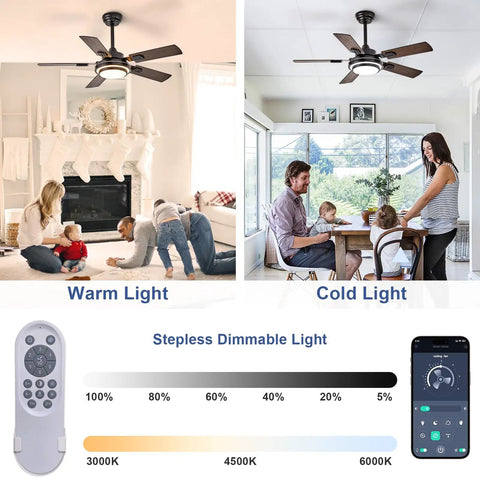 Top Shelf 42 Inch Ceiling Fan With Led Light And Smooth Quiet Motor Reversible Walnut Blades Remote Control Operation Indoor Outdoor Patio Decor Straight Up Farmhouse Vibes For Your Living Space, shown in warm and cold light settings.