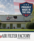 Air Filter Factory building with 'Proudly Made in the USA' sign and American flag background
