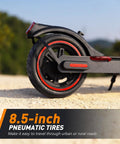 Close-up of rear 8.5-inch pneumatic tire on a Long Range Electric Scooter For Adults Who Want To Cruise With 21 Mile Per Charge, 350W Motor, 18 MPH Top Speed, Smooth Braking, 8.5 Inch Pneumatic Tires, Foldable Lightweight Commuter Scooter For Campus And City