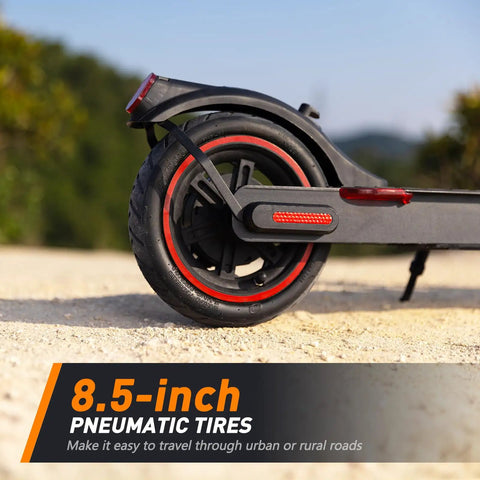 Close-up of rear 8.5-inch pneumatic tire on a Long Range Electric Scooter For Adults Who Want To Cruise With 21 Mile Per Charge, 350W Motor, 18 MPH Top Speed, Smooth Braking, 8.5 Inch Pneumatic Tires, Foldable Lightweight Commuter Scooter For Campus And City