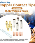 Premium 29 Pc Mig Welder Consumable Set Featuring Contact Tips Gun Nozzles Diffusers For Mb15 Torch With Seamless Fit On Mig130 And Mig200 Units showing copper contact tips and gas diffusers.
