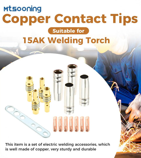Premium 29 Pc Mig Welder Consumable Set Featuring Contact Tips Gun Nozzles Diffusers For Mb15 Torch With Seamless Fit On Mig130 And Mig200 Units showing copper contact tips and gas diffusers.