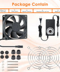 Keep Your Rig Chill With This 80Mm Adjustable Computer Cooling Fan Featuring Multi Voltage AC Plug And Quick Twist Control Knob For Gaming PCs Modems Cabinets Terrariums And Greenhouses package contents including fan, speed controller, and grates.