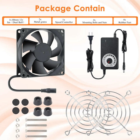 Keep Your Rig Chill With This 80Mm Adjustable Computer Cooling Fan Featuring Multi Voltage AC Plug And Quick Twist Control Knob For Gaming PCs Modems Cabinets Terrariums And Greenhouses package contents including fan, speed controller, and grates.