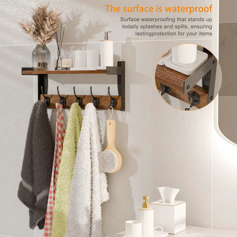 Top Tier Wall Mounted Wood Coat Rack With Five Heavy Duty Metal Hooks And Rustic Brown Shelf For Bedroom Bathroom Entryway No Sweat Setup Ultimate Daily Storage Solution Super Durable with towels and decor.